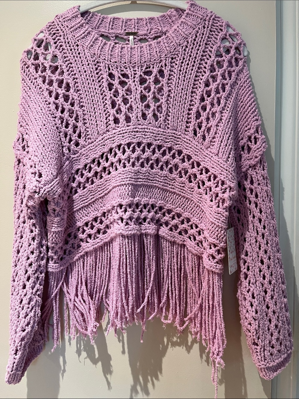 Free People Lilac Open-Knit Fringe Crew Sweater
